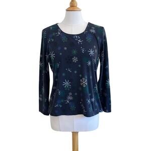 Karen Scott Navy Blue Long Sleeve Holiday Snowflake T-Shirt, Size L